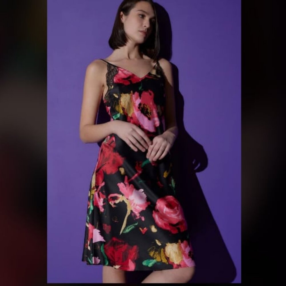 NWT NATORI Haiku-Charm Floral Midi Satin Slip Black Lace Trim XS